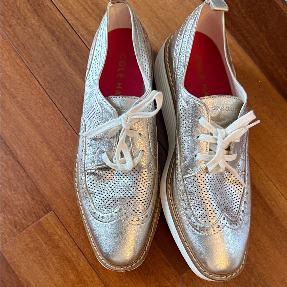 Cole Haan Metallic Silver Wingtip Oxfords with Red Insole